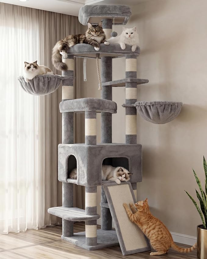 Heybly Cat Tree, 82.7″ Extra Tall Cat Tower for Large Cats Adult HCT063W | Giant Cat Condo with Multi-Level Platforms, 2 Baskets, Spacious Cat Cave, Wide Sisal Scratching Board, Light Gray