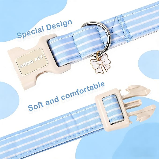 ARING PET Stripe Dog Collar, Cute Spring Summer Blue Stripe Pet Collars with Bow Charm for Puppy Small Medium Large Boy Girl Dogs-M, for Daily Outdoor Walking Training