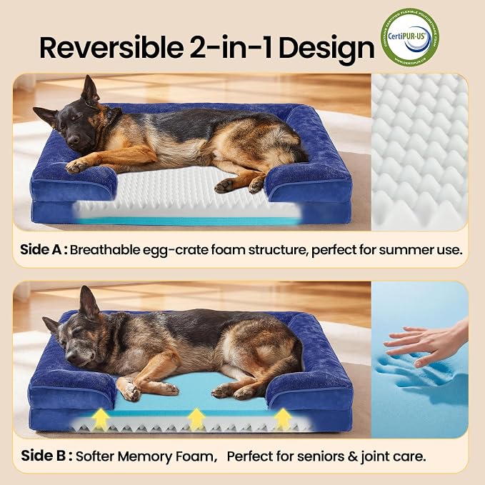 OhGeni Orthopedic Dog Bed Couch Big Cat Sofa for Extra Large Sized Pets with Memory Foam, Machine-Washable Waterproof Removable Cover, Soft Comfortable Fabric, 44-inch (Blue)