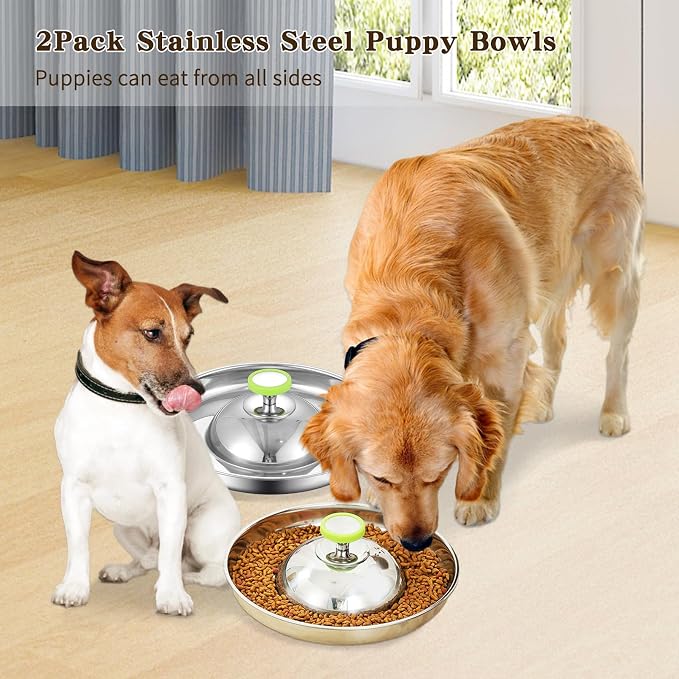 Fhiny 2Pack Stainless Steel Puppy Bowls, Pet Weaning Feeding Dish with Scoop for Litters Pets Silver Dog Food and Water Slow Feeder Bowl with Handle Container for Dogs Cats (M:11.8" Dia, 5¼ Cups)