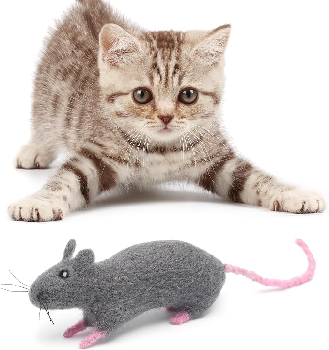 Glaciart One Felt Cat Rat Toy – Soft Fuzzy Enrichment 100% Natural Wool - Interactive Catnip Play Cat Toy Set - Safe for Pets, Non-AZO Colored Dyes