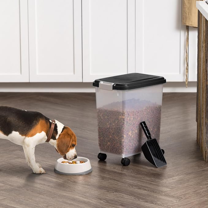 IRIS USA Dog Food Container & Slow Feeder Bowl, Up to 30 lbs, Black | Includes 2-Cup Sccop & Wheels, Airtight Seal, BPA-Free, Bird Seed, Cat food, Cat Litter, Treats, Short Snout Bowl