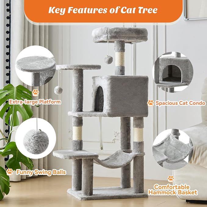 DUMOS 44 Inch Cat Tree Tower with Natural Sisal Scratching Posts | Small Cat Tree with Hammock, Pet Condo for Indoor Cats and Kittens Play, Light Grey