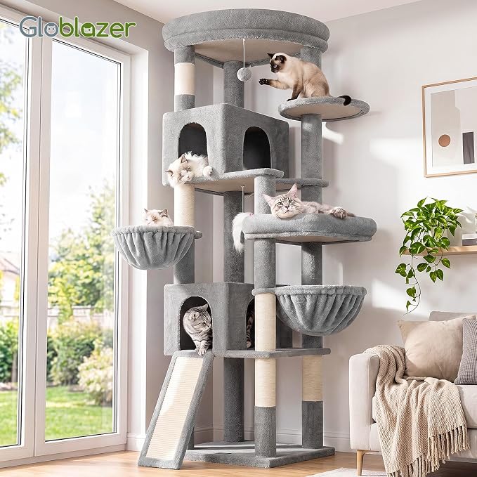 Globlazer Maine Coon Corner Cat Tree for Indoor Cats 74in, C74, Light Grey | Tall Heavy Duty Cat Tower for Large Multiple, 2 Big Platforms, 2 Extra Large Cat Condos, 2 Baskets, Sisal Scratching Board