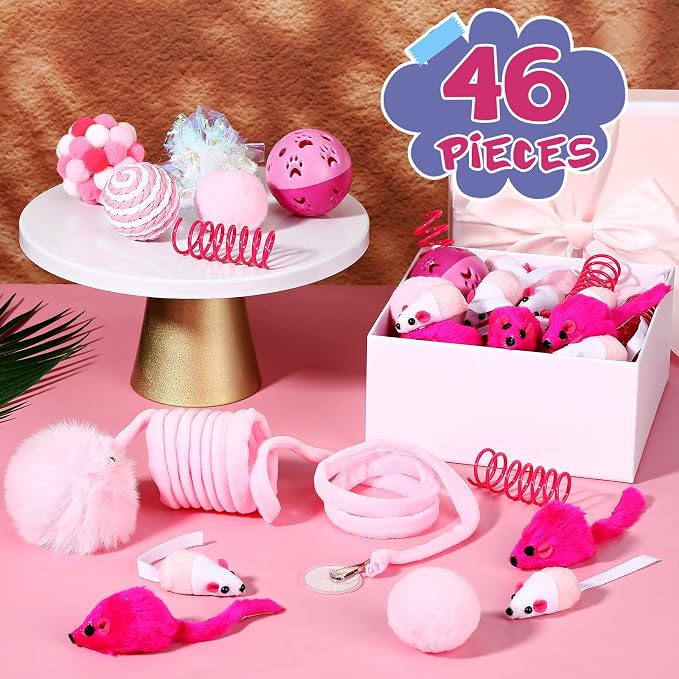 Gemscream 46 Pcs Cat Toys Set Interactive Cute Cat Toys Include Fur Mice Rattle Springs Crinkle Balls Pompom Bell Sisal Ball Puzzle Chase Toys for Kitten Indoor Stuff Gift(Pink)