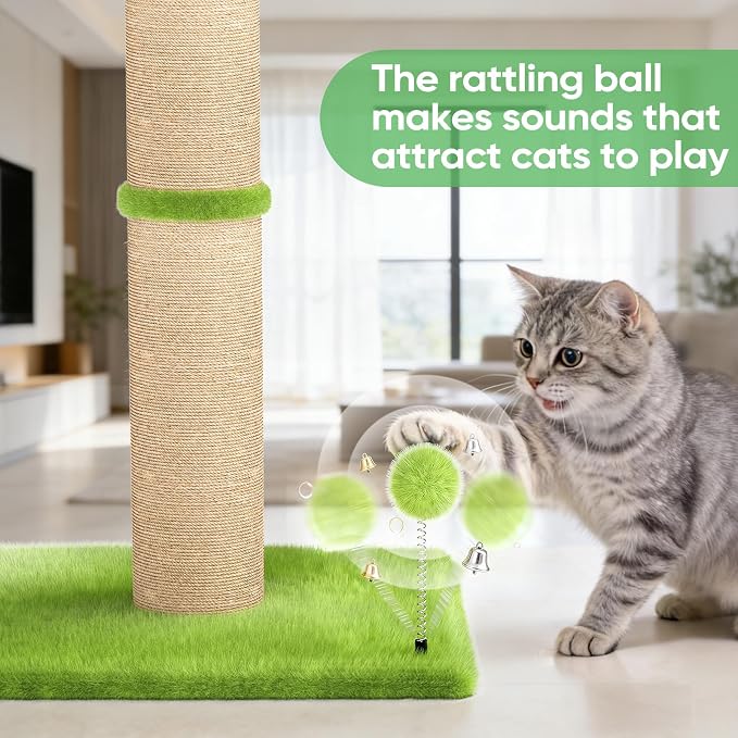XiaZ Cat Scratching Post 34'' Tall, Durable Cat Scratch Tree Tower for Indoor Kitty with Extra Wide 15.8" Stable Base & 2 Toy Balls, Natural Sisal & Plush Fabric for Small, Medium Cats (Green, 2.8in)