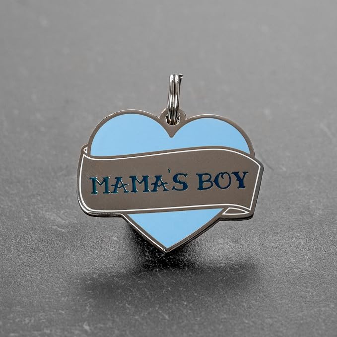 Two Tails Pet Company Personalized 'Mama's Boy' Pet ID Tag - Custom Engraved Dog Tags for Pets - Durable Brass, Silver Plating, Free Engraving for Dog's Name, Perfect for Dog Collars & Leashes