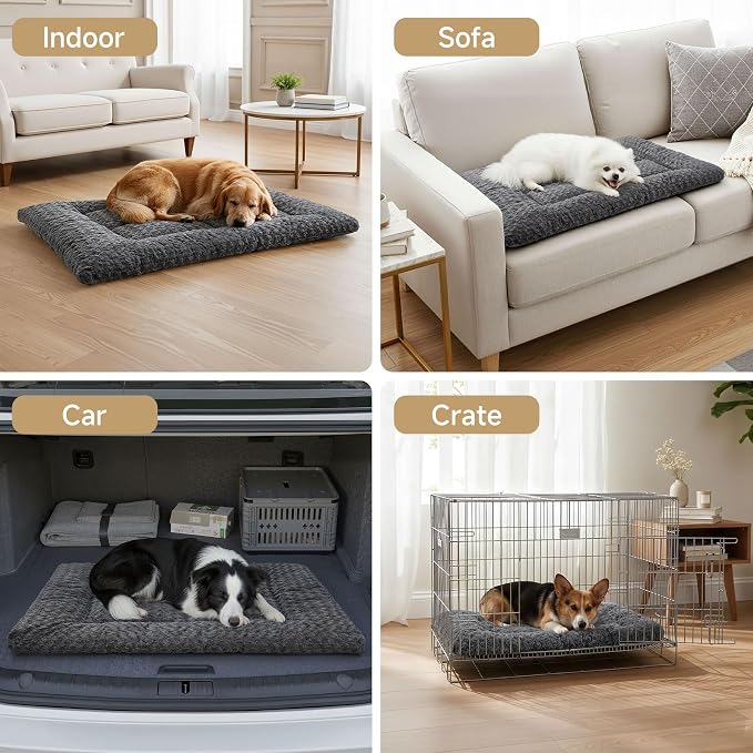 Exsnugy Washable Dog Bed Mat Large Size Fluffy Pet Crate Pad 53x36 XXL | Non-Slip Bottom Kennel Beds Ultra Soft Comfy Sleeping Mattress for Large Medium Small Dogs Gray