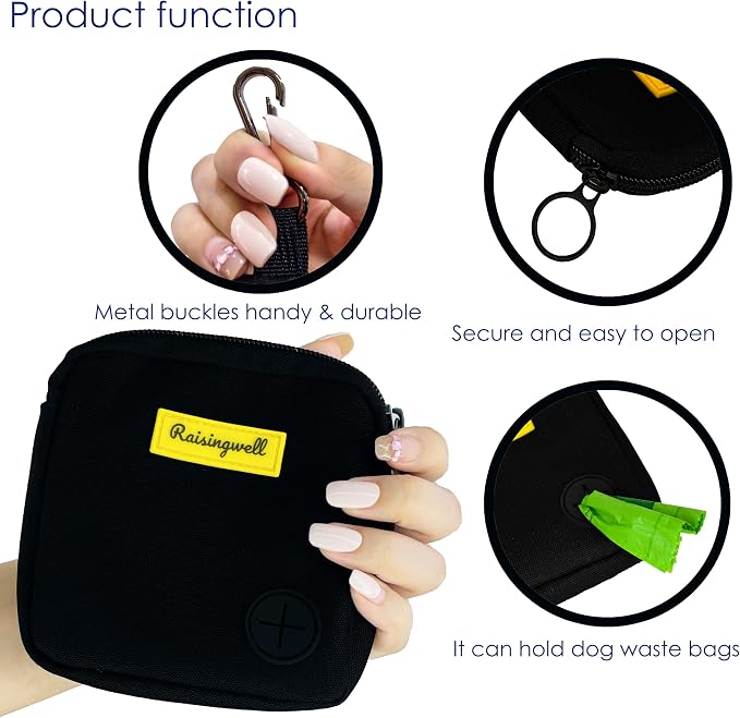 Raisingwell Dog Treat Pouch for Pet Walking and Training with Clicker Poop Bags Small Fanny Zipper Pack Holder for Puppy Snack Dispenser Kit for Leash and Outdoor Use (Black)