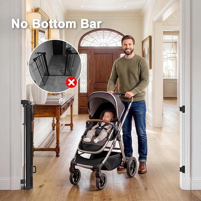 Retractable Baby Gates for Doorways & Stairs, Mesh Retractable Dog Gate for Indoor&Outdoor Use, 33" Tall Expands Up to 60" Width, No Bottom Bar Child Safety Gates for Stairs, Doorways, Hallways, Decks