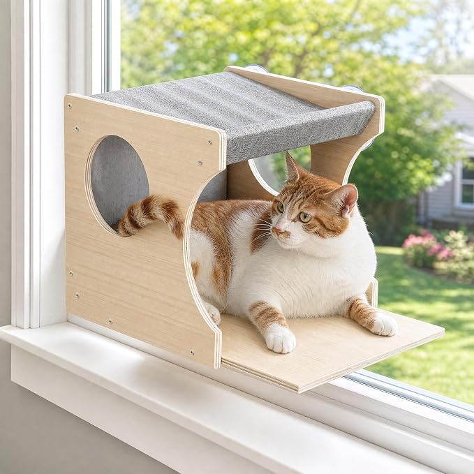 Cat Window Perch，2-Tier Hammock & Hideaway House with Strong Suction Cups | Right-opening, Drill-Free, Hold Up to 45 lb Support, For Small to Medium Cats, Let Cats Lounge, Climb and Watch Outside