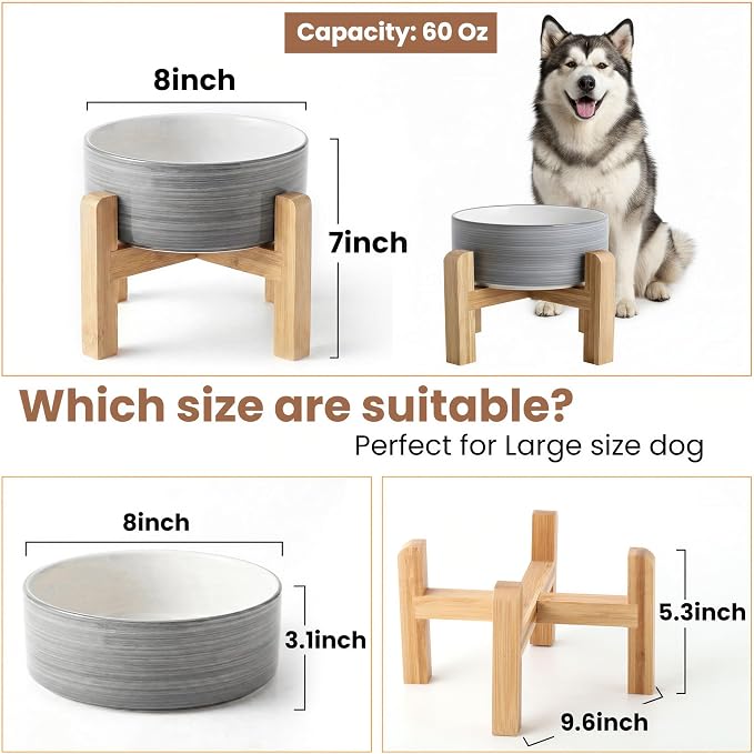 hjn Elevated Ceramic Dog Bowl with Bamboo Stand, Raised Pet Feeding Station for Small Medium Dogs Cats, Modern Design with Anti-Slip Base (White Gray, 7.6Cup)