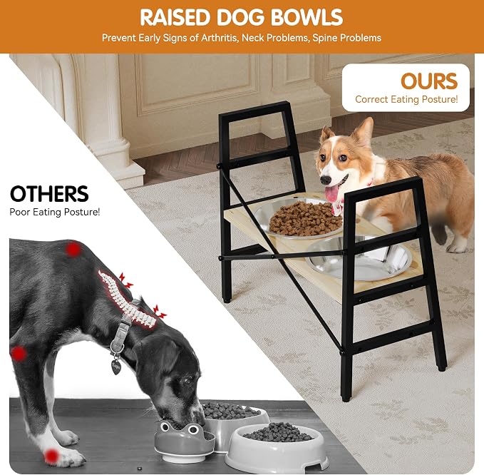 PUPETPO Elevated Dog Bowls, Adjustable Raised Dog Bowl Stand 4.1" to 11.6" | Black Metal Frame and Solid Wood Stand, Non-Slip Feet, 2 Stainless Steel Bowls 1.6L for Small to Medium Dogs, Cats and Pets