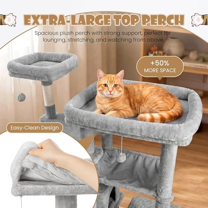Sha Cerlin 87 in Multi-Level Tall Cat Tree Tower for Large Cats/Extra Wide Feline Activity Center/Sisal Scratching Posts/Wide Base/Cozy Plush Perches/Baskets/Hammocks/Toy Balls/Grey