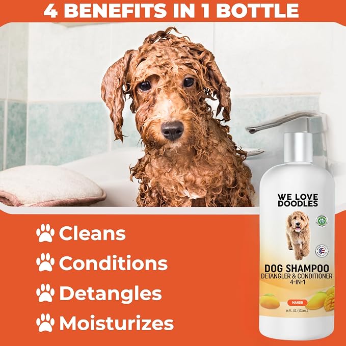 Dog Shampoo, Conditioner & Detangler, Hypoallergenic, Tearless, Mango, 16OZ | For Sensitive Itchy Skin, Hypoallergenic, Tearless, Best Shampoo For Smelly Dogs, Goldendoodle, Poodle & Doodle, Made in USA