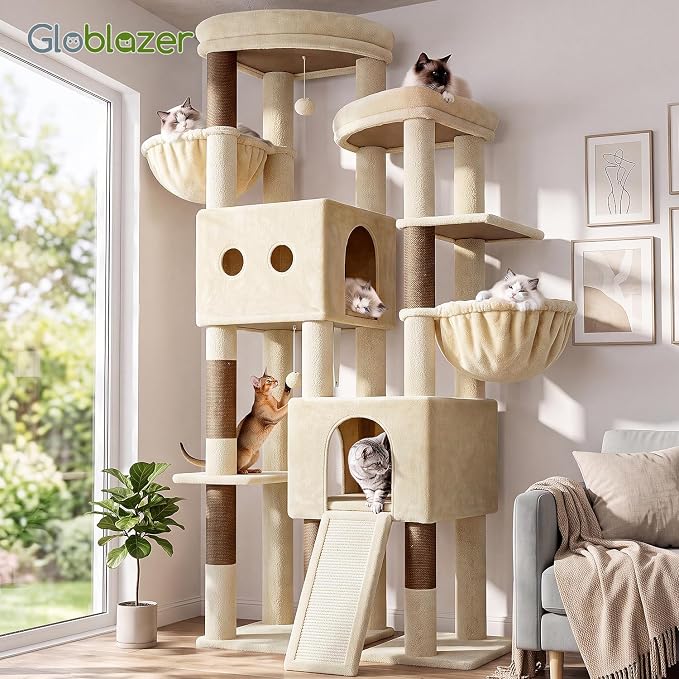 Globlazer Sturdy Cat Tower for Indoor Cats 20lbs, 76in, S76E, Beige | Heavy Duty Cat Tree for Adult Big Cats Maine Coon with Scratching Post, 2 Extra Large Top Perch, 2 Padded Cat Condos