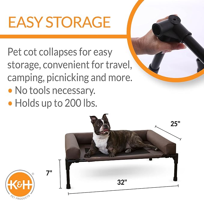 K&H Pet Products Bolster Dog Cot Cooling Indoor/Outdoor Elevated Dog Bed Hammock with Removable Bolster, Washable Mesh Cover, Raised Camping Bed for Medium Pets - Chocolate Medium 32" X 25"