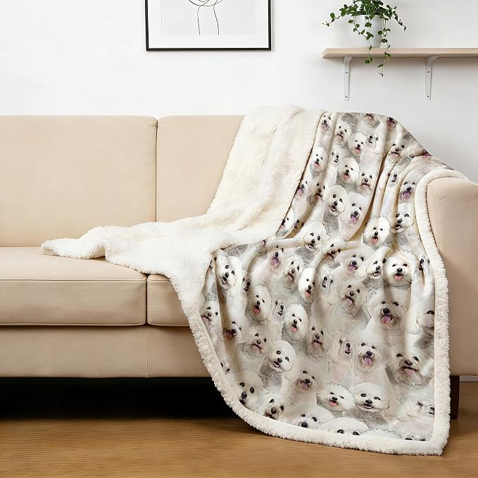BlessLiving Bichon Frise Blanket 108x90 Inches - Ultra Soft Reversible Sherpa & Fleece Throw, Large Plush Cozy Blanket for Couch Bed Sofa, Gift for Dog Lovers Women Men