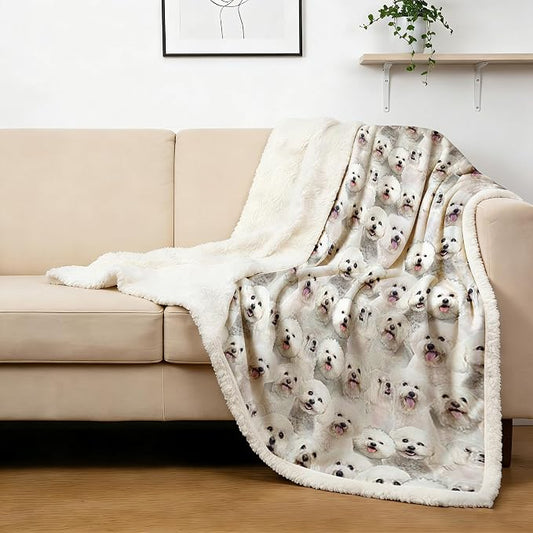 BlessLiving Bichon Frise Blanket 108x90 Inches - Ultra Soft Reversible Sherpa & Fleece Throw, Large Plush Cozy Blanket for Couch Bed Sofa, Gift for Dog Lovers Women Men
