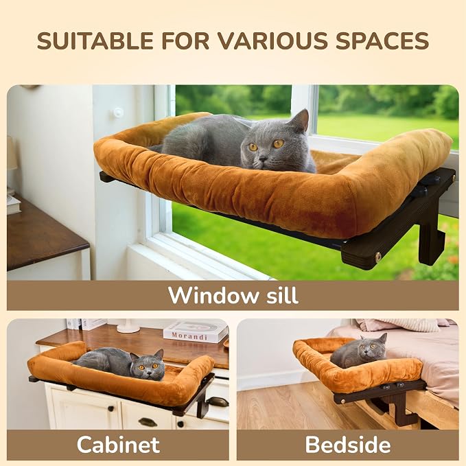 [Ready to Gift] PURRHOUSE 45LBS Cat Window Perch with Bolster, Hammock Seat with Plywood & Metal Frame, Cat Bed for Windowsill, Bedside and Cabinet (Walnut Wood & Brown Cushion, 24.8''W x 9.4''H)