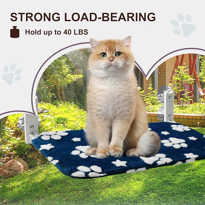Cute Cat Window Perch, Foldable Cat Window Hammock, Navy Blue | Cordless Window Seat Bed for Indoor Cats, 3D Textured Paw Cover, Strong Suction Cups
