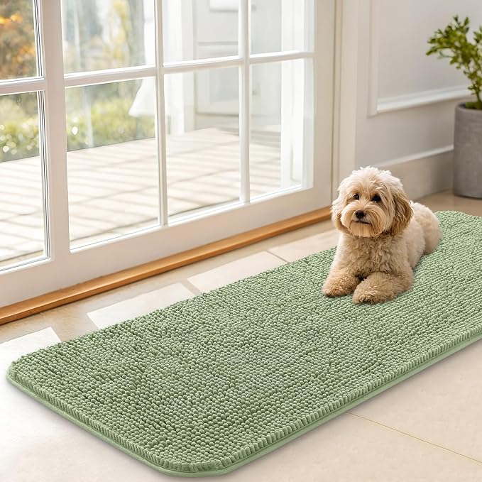 OLANLY Dog Door Mat for Muddy Paws 47x17, Super Absorbent Chenille Mud Mat | Sage Green, Absorbs Moisture and Dirt, Non-Slip Machine Washable Doormat, Quick-Drying Indoor Entryway Floor Carpet for Dogs