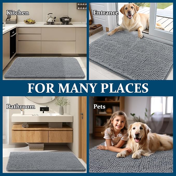 OLANLY Dog Door Mat for Muddy Paws 54x32, Super Absorbent Chenille Mud Mat | Grey, Absorbs Moisture and Dirt, Non-Slip Machine Washable Doormat, Quick-Drying Indoor Entryway Floor Carpet for Dogs