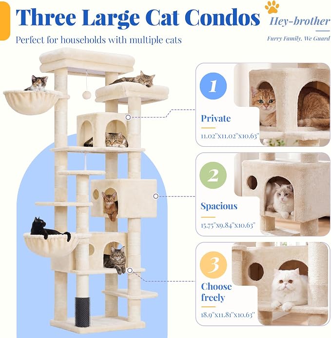 Hey-brother Cat Tree, Multi-Level Tower with 3 Condos, Hairbrush, MPJ035-MM