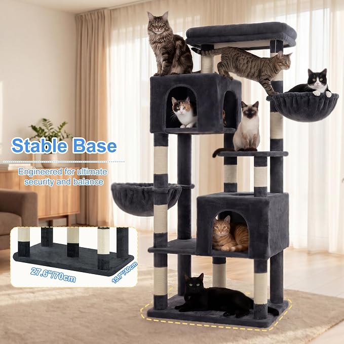 Heybly 68.1" Cat Tree with Oversized Top Platform & Wide Base HCT059G | Heavy Duty Cat Tower for Large Indoor Cats with 2 Condos, 2 Hammocks, 10 Sisal Scratching Posts, Stable Cat House, Smoky Gray