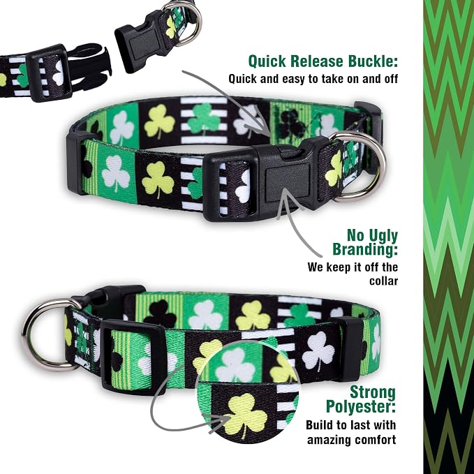 Native Pup St Patricks Dog Collar- Saint Patrick Green Shamrock Pet Collars- St. Patrick’s Lucky Irish- Cute Boy Girl Puppy Gift- Adjustable for Small, Medium, Large Breeds (Patterned Shamrock, Small)