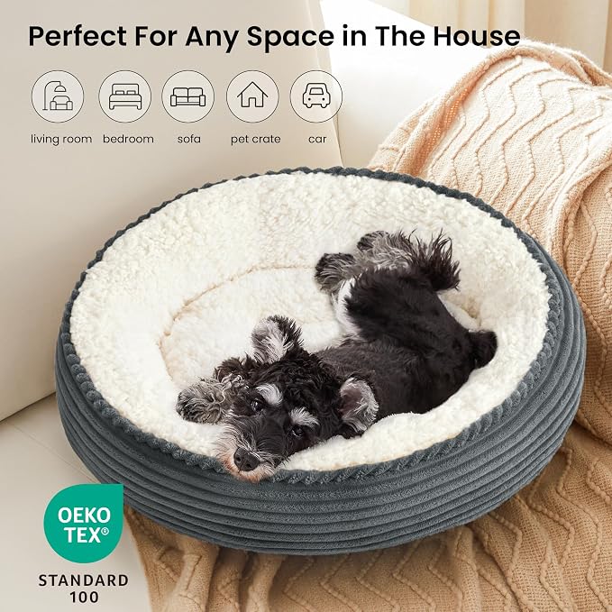 Love's cabin Round Donut Cat and Dog Cushion Bed, 24in Pet Bed for Small or Medium Dogs, Anti-Slip & Water-Resistant Bottom, Soft Durable Fabric Pet Beds, Washable Calming Cat Bed Bluish Grey