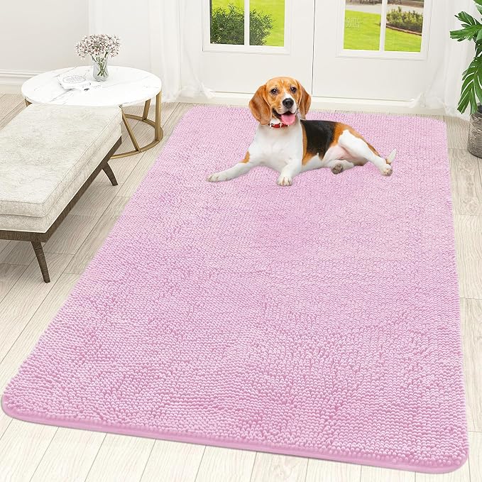OLANLY Dog Door Mat for Muddy Paws 59x35, Super Absorbent Chenille Mud Mat | Pink, Absorbs Moisture and Dirt, Non-Slip Machine Washable Doormat, Quick-Drying Indoor Entryway Floor Carpet for Dogs