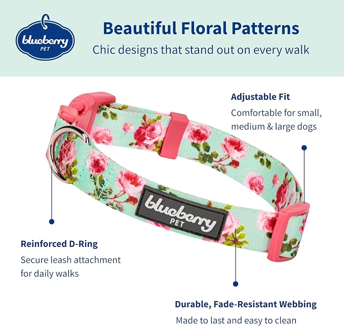 Blueberry Pet Floral Rose Print Turquoise Dog Collar - Adjustable Medium Dog Collars for Small Dogs & Puppies, Neck 14.5"-20", Eco-Friendly, Pink Girl Collar,