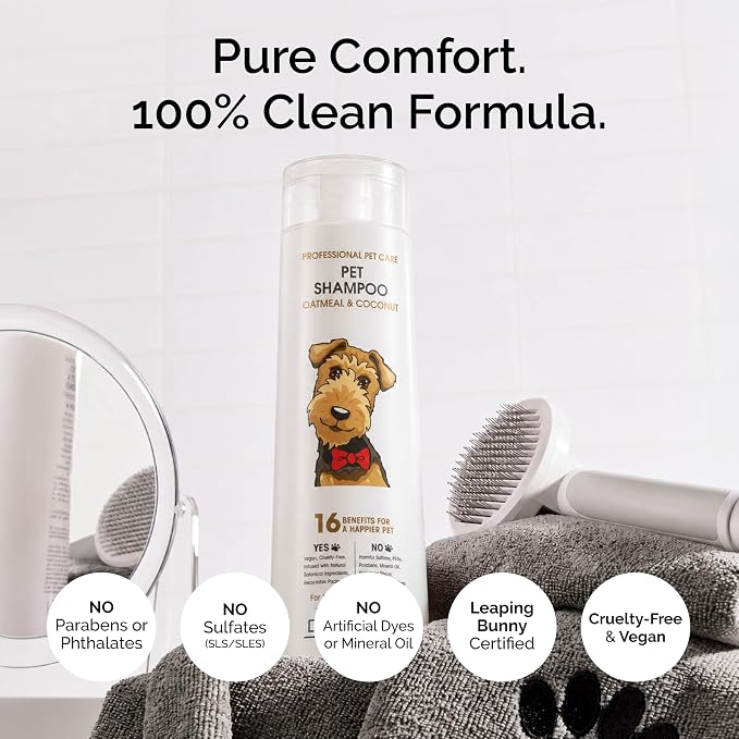 GIOVANNI Oatmeal & Coconut Dog Shampoo for Sensitive Itchy Dry Skin - 16 oz | Aloe vera; paraben-free, no SLS or SLES; for all coat types; controls static, detangles & deodorizes; vegan, Leaping Bunny
