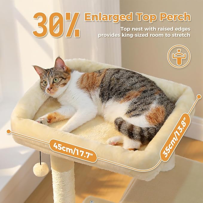 PAWZ Road Cat Tree, 35 Inches Cat Tower with Dual Condos for Adult Cats,Enlarged Top Perch, Scratching Posts&Pad for Indoor Cats-Beige