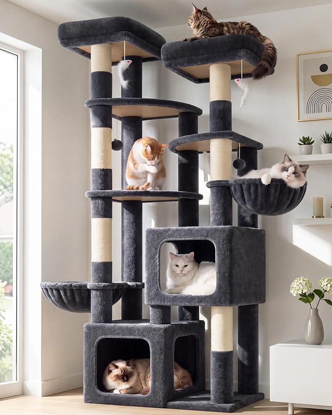 Globlazer S74E Pro Heavy Duty Maine Coon Cat Tree for Large Cats, Dark Grey | 74in Sturdy Multi-Level Tall Cat Tree Tower for Indoor Adult Cats with Scratching Posts, 2 Cat Condos, 2 Top Perches