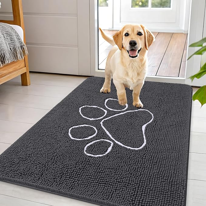 OLANLY Dog Door Mat for Muddy Paws 44x32, Paw Print Design Chenille Mud Mat | Dark Grey, Absorbent, Traps Moisture and Dirt, Non-Slip Washable Doormat, Quick-Drying Indoor Entryway Floor Carpet for Dogs