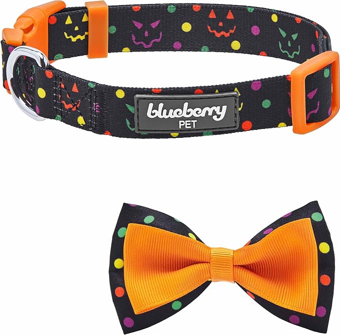 Blueberry Polka Dot Adjustable Dog Collar with Bowtie, Large Neck 18"-26", Perfect Halloween Collar