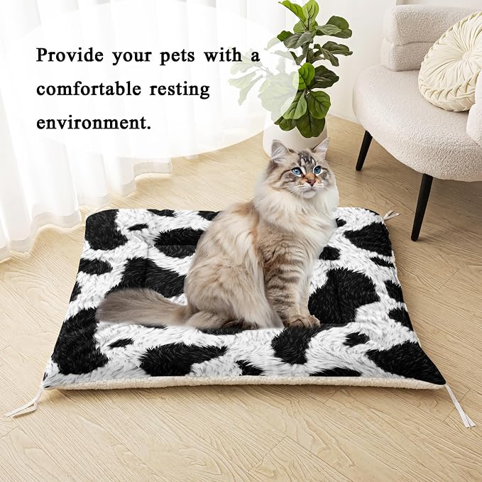 HOSIMA Cow Fur Print Dog Mats for Sleeping,Western Farmhouse Animal Themed Fuzzy Pet Bed Mat,42L*32W Inch,Suitable for Large Dog Bed,Washable Soft Cozy Black-White Pet Pad.