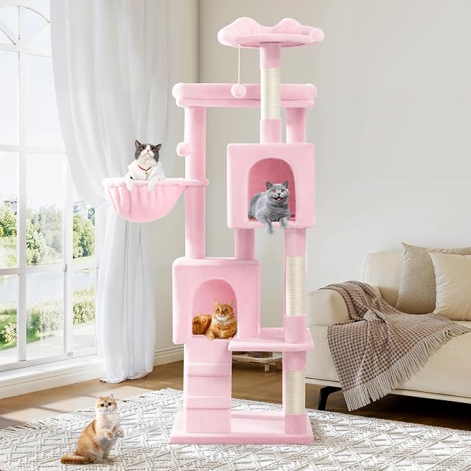 Allewie 64 Inches Multi-Level Cat Tree Tower for Indoor Cats Pink | Activity Center for Big Felines/2 Plush Condos/2 Perchs/Basket/House/Sisal Scratching Posts/Hanging Cat Toys