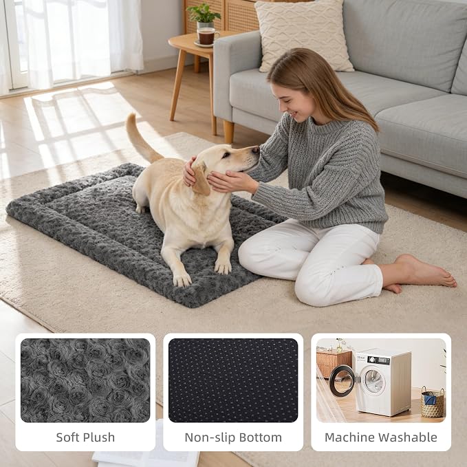 Exsnugy Washable Dog Bed Mat Large Size Fluffy Pet Crate Pad 42x28 XL | Non-Slip Bottom Kennel Beds Ultra Soft Comfy Sleeping Mattress for Large Medium Small Dogs Gray