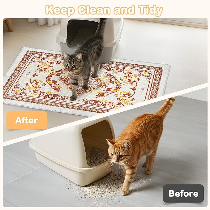 Washable Cat Litter Mat 48"x36" Waterproof Trapping Pad | Kitty Litter Box Mat Featuring A Non-Slip Base And Decorative Design To Trap Scatter For Home Floor Protection