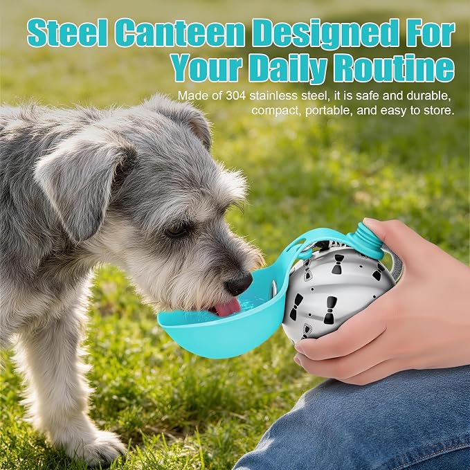Portable Dog Water Bottle 10oz Stainless Steel Travel Dog Water Dispenser with Bowl No-Spill Puppy Water Bottle for Walking Hiking Small Dog Water Bottle (Blue Bow Print)