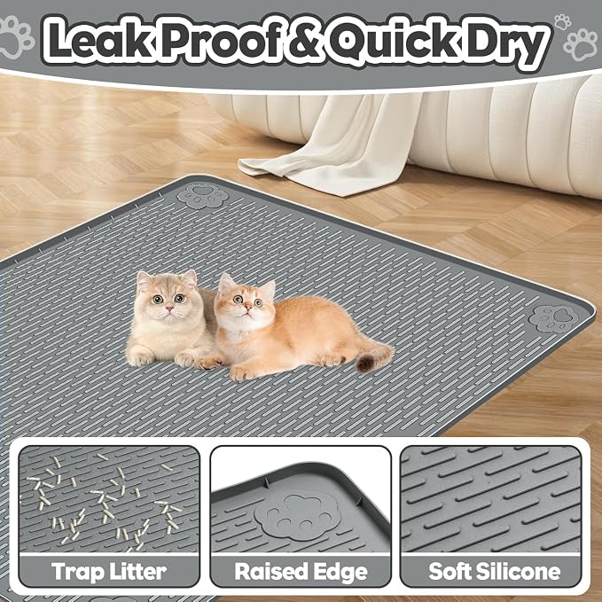 Kalolary Cat Litter Box Mats, Large 34" x 22" Silicone Cat Mat | Easy to Clean Kitty Litter Trapping Mat, Soft on Kitty Paws, Waterproof, Urine-Proof Kittys Litter Mats for Floor, Dark Grey