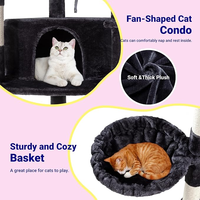 Allewie 73in Fan-Shaped Space-Saving Corner Cat Tree Tower, Dark Grey | Multi-Level Tall Cat Tree for Indoor Cats, Cozy Baskets, Condos, House, Perches, Sisal Scratching Posts, Pet Activity Center