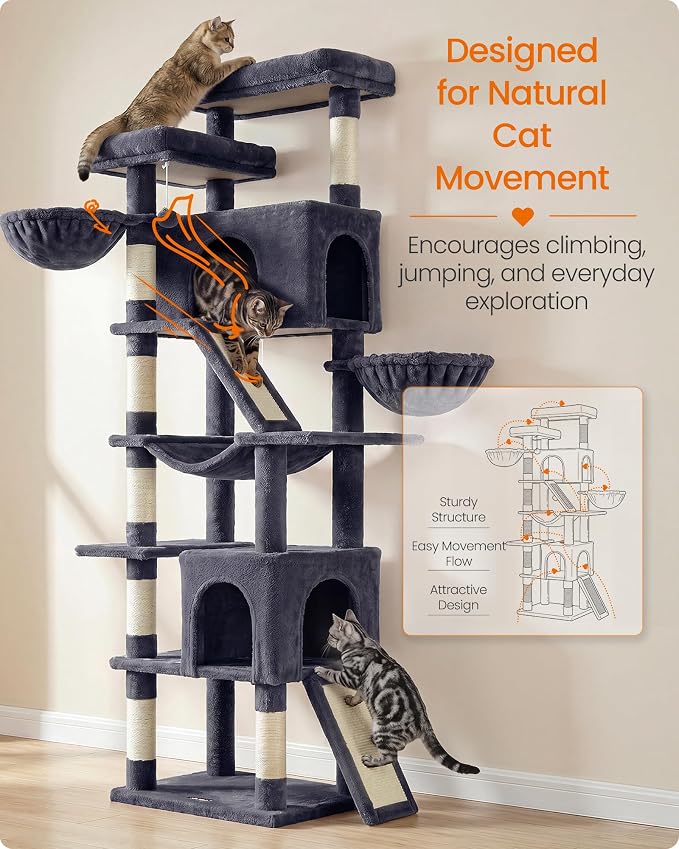 Feandrea Large Cat Tree, 81.1" Tall Sturdy Cat Tower for Indoor, Dark Gray | Sturdy Tall Climbing Tower, Multi-Level Condo for Indoor Cats, Dark Gray, CLAWFY Collection UPCT021G201