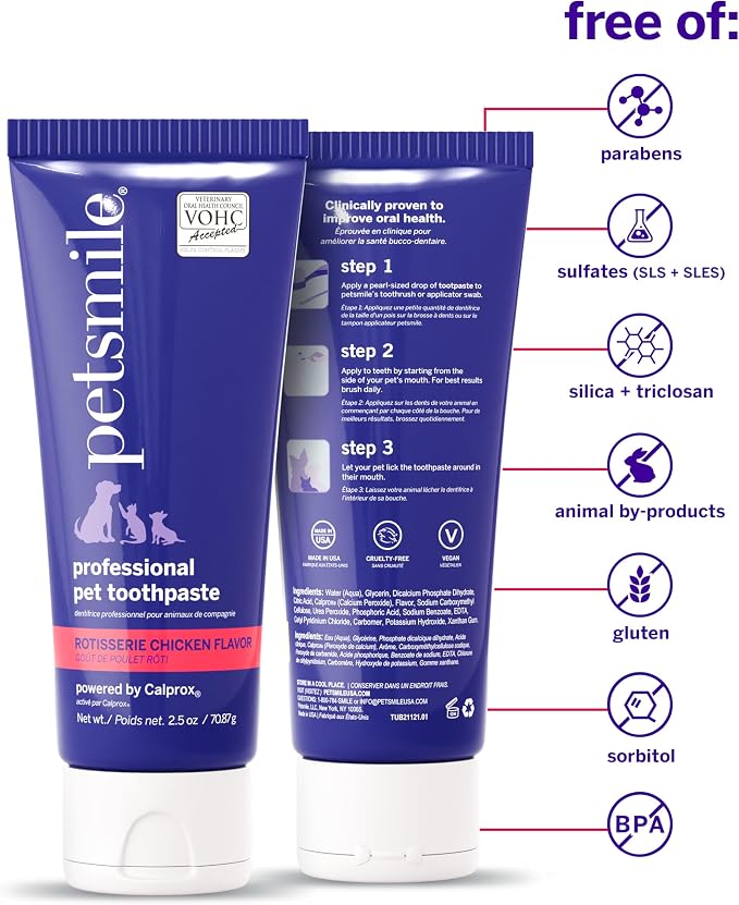 Petsmile Professional Pet Toothpaste for Cats & Dogs - VOHC Accepted Toothpaste - Clinically Proven to Control Plaque & Tartar Calprox Formula (Rotisserie Chicken, 2.5 Oz)