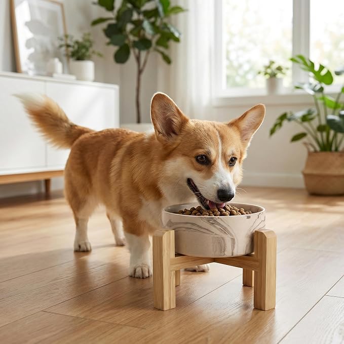 hjn Elevated Ceramic Dog Bowl with Bamboo Stand, Raised Pet Feeding Station for Small Medium Dogs Cats, Modern Design with Anti-Slip Base (Marble Brown, 3.6Cup)