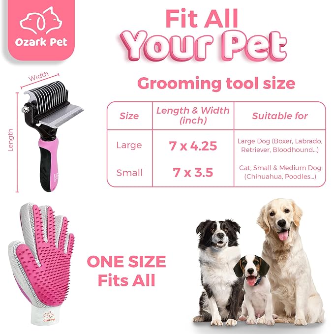 Grooming Brush for Dog/Cat with 2 Sided Grooming Brush for De-Shedding, De-Matting Reduces Shedding up to 95%, Great Short to Long Hair (Pink, Small)