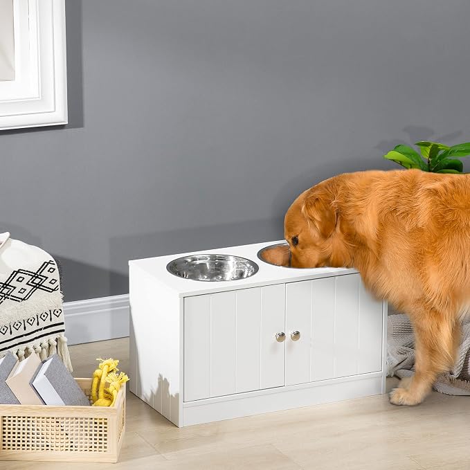 PawHut Large Elevated Dog Bowls with Storage Cabinet Containing Large 44L Capacity, Raised Dog Bowl Stand Pet Food Bowl Pet Feeding Station, White | Raised Dog Bowl Stand, Pet Feeding Station